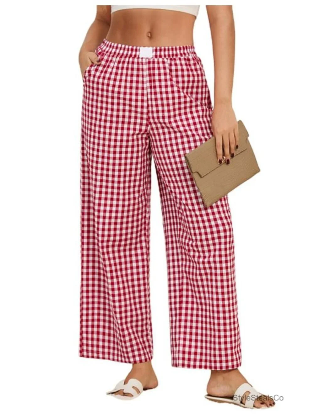 Wide Leg Plaid Pajama Bottoms with Pockets Cotton Blend